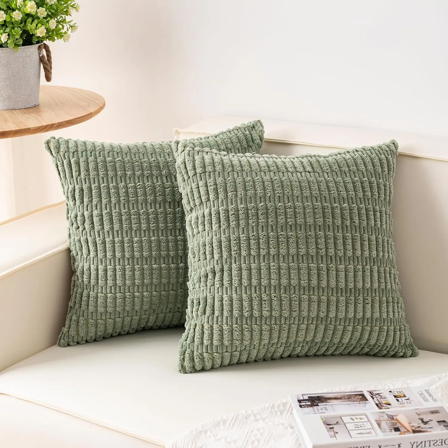 Pack of 2 Corduroy Decorative Throw Pillow Covers 18x18 InchSoft Boho Striped Pillow Covers Farmhouse Home Decor for Sofa Living Room Couch Bed(Sage Green)