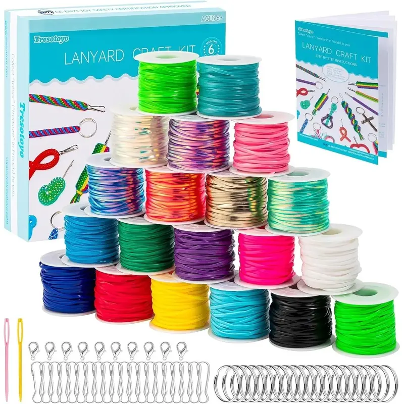 Lanyard String, 20 Rolls Gimp String, Plastic Strings Lacing Cord, Boondoggle Strings Kit 1200 Feet and 52Pcs Keychain Lanyards Accessories for Keychain Crafts, Bracelet with Instruction Box