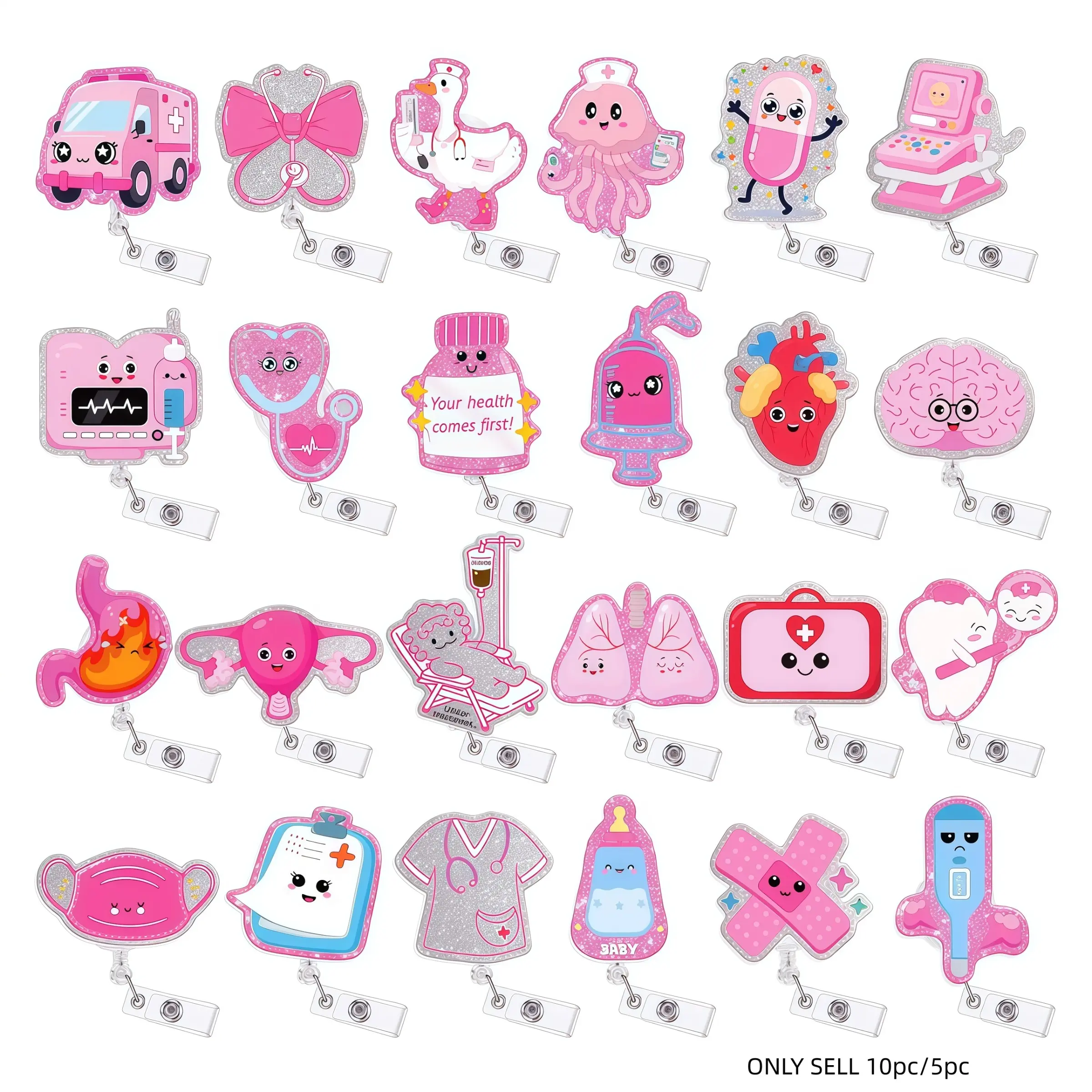 Medical Cartoon Stretchable Badge Roll, Cute Ambulance Stethoscope Organ Nurse Baby Series ID Badge Clip, Perfect Gift for Nurses Doctors