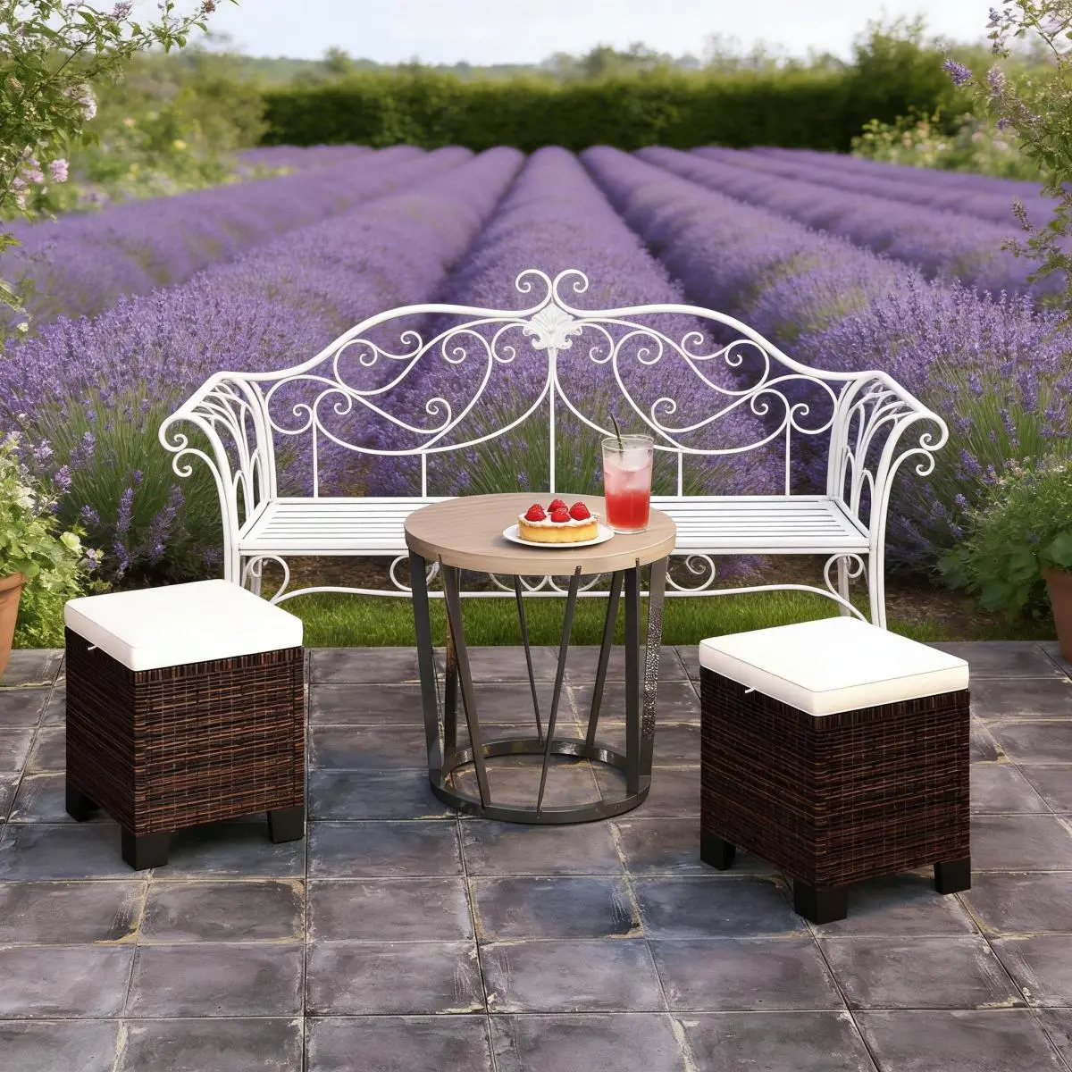 Aobtkel Stylish Wicker Outdoor Ottoman Cubes (Set of 2, Beige) - Metal Frame, Plastic & Cotton Blend Fabric, 265 lbs Capacity, Stable, Wipe Clean, Backyard Oasis, Front Porch Use, Assembly Required, Versatile Ottoman Set
