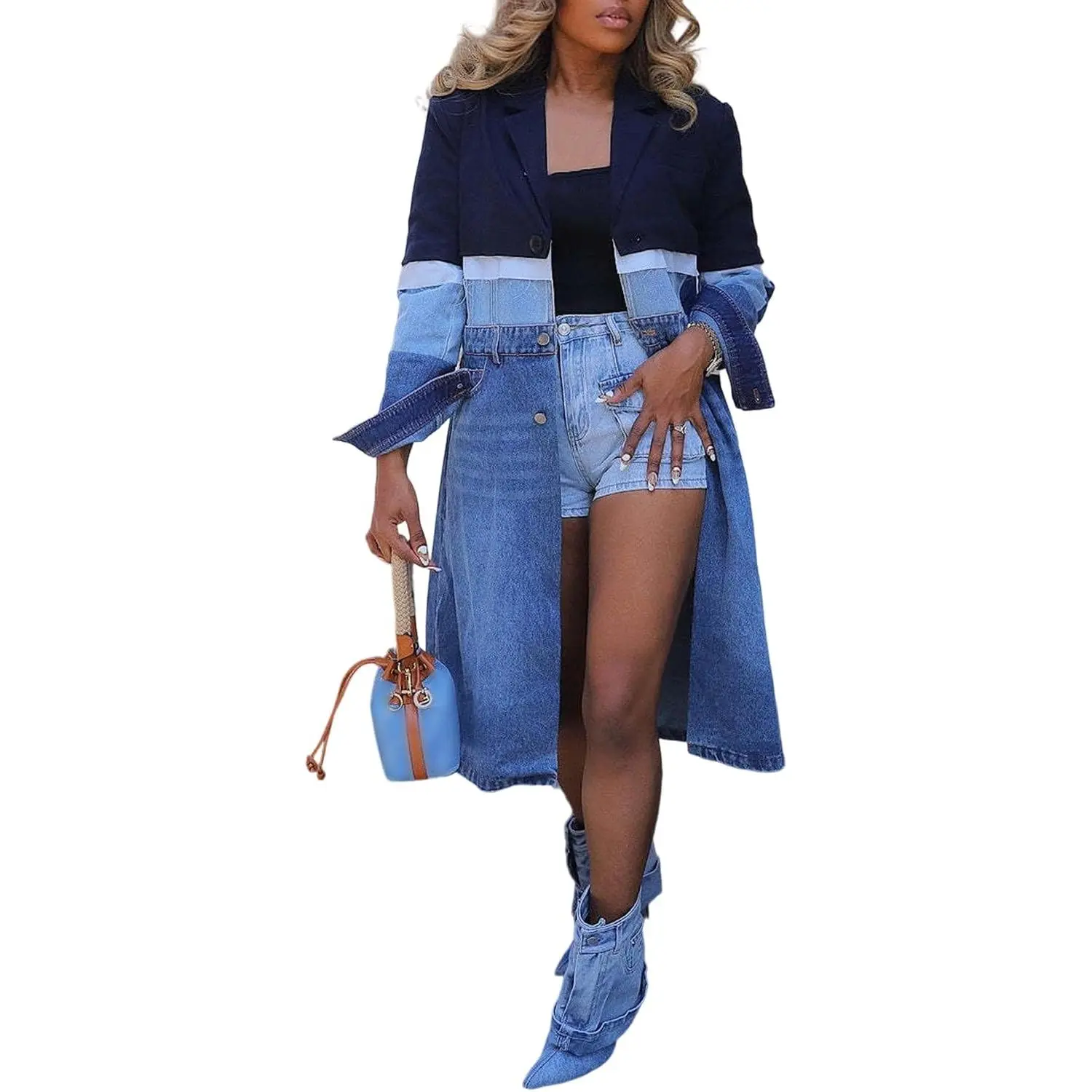 Women's Denim Trench Coat Patchwork Long Denim Jacket, Loose Fit, Button Down, Long Sleeve, Lapel, Notched, Pockets, D istressed Long Jean Jacket, Duster Jackets Overcoat