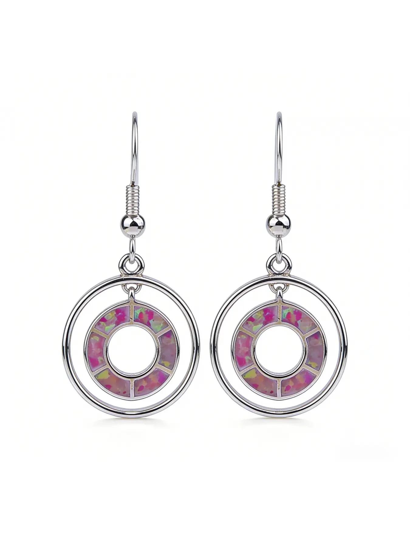 Double Hoop Earrings with Rainbow Opal,Silver Tone Colorful Synthetic Opal Boho Earrings for Women,Maximalist Dangle Jewelry