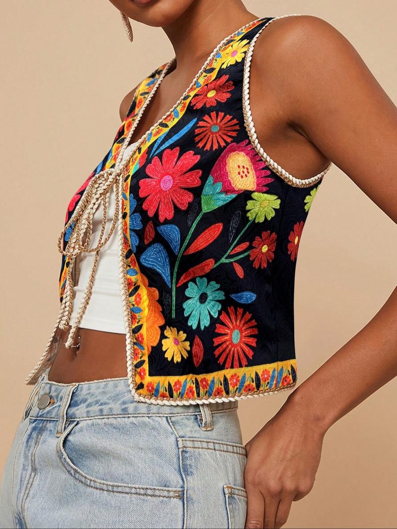 Women's Floral Print Tie Front Crop Tank Top, Boho Bohemian Sleeveless Top for Summer, Ladies Clothes for Beach Vacation