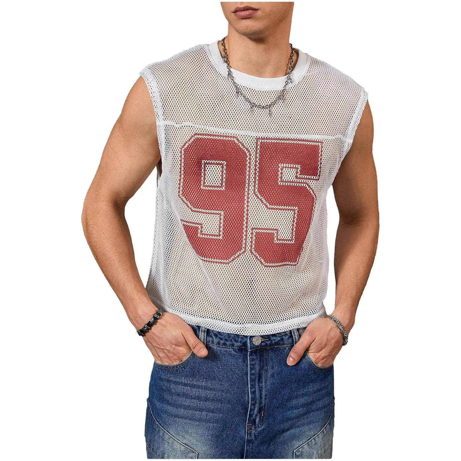 Milumia Men's Jersey Shirt Fishnet Mesh Tank Top Football Crop Tops| Sleeveless, Number Graphic, Party Sport Workout, Summer, Y2K Streetwear, Going Out