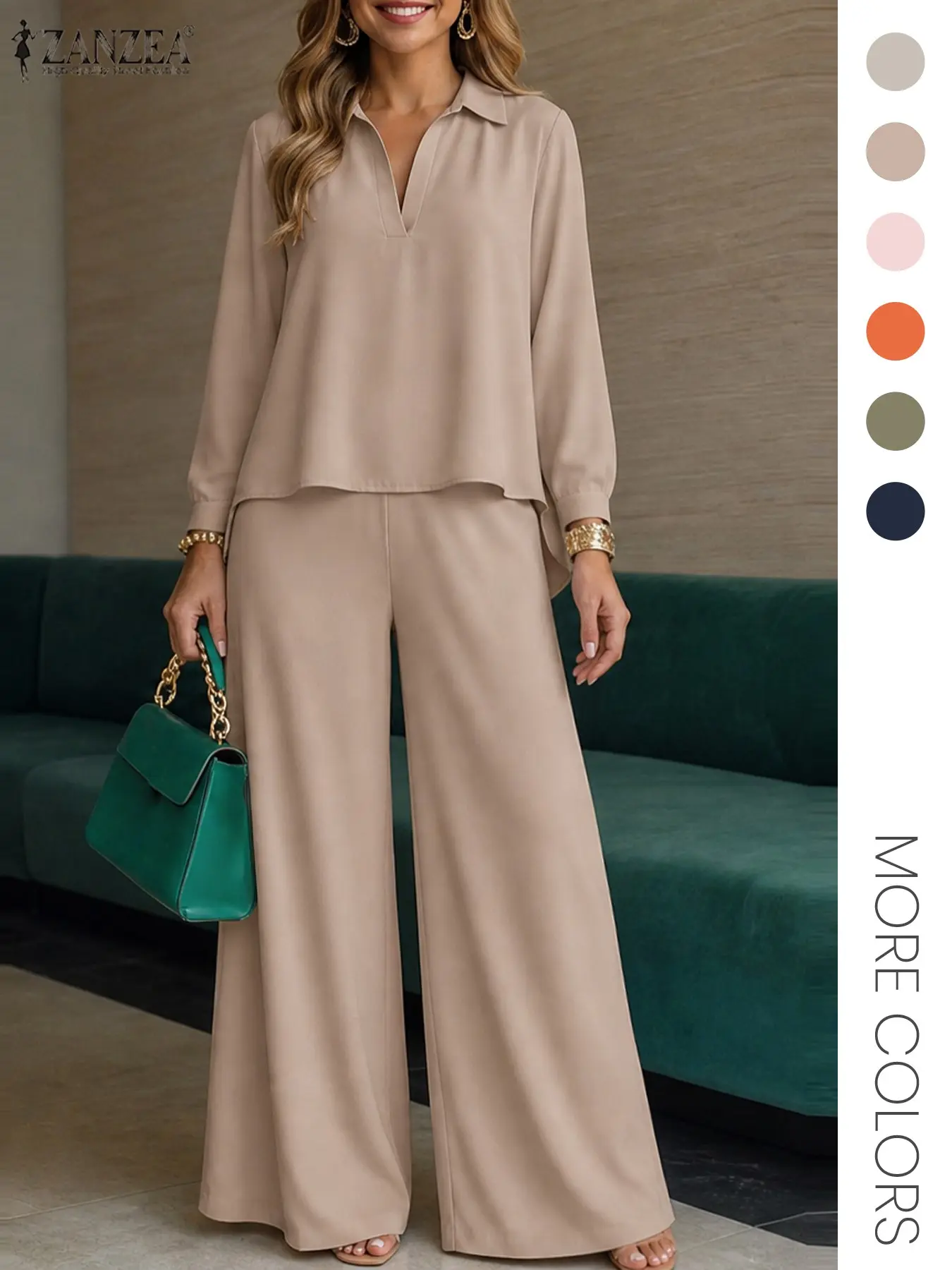 Women's Two-Piece Set, Basic Solid Color Loose Long Sleeve Top & Wide Leg Pants, Casual Ladies All-Season Outfit for Daily Wear Trouser, Top Trousers Set