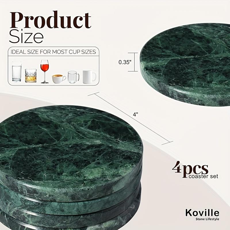 4Pcs Natural Marble Coasters with Holder, Heat Resistant Round Stone Table Protectors, Elegant Marble Pattern Drink Coasters for Coffee Table & Bar, Housewarming Gift.