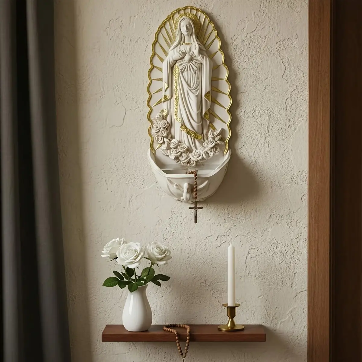 Elegant Wall-Mounted Resin Holy Water Font with Rosary Holder, Ideal for Church, Home, and Room Decor, Perfect for Religious Settings, Religious Decoration, Religious Wall Art