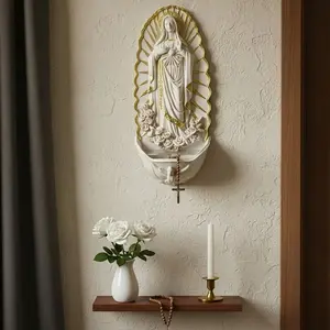 Elegant Wall-Mounted Resin Holy Water Font with Rosary Holder, Ideal for Church, Home, and Room Decor, Perfect for Religious Settings
