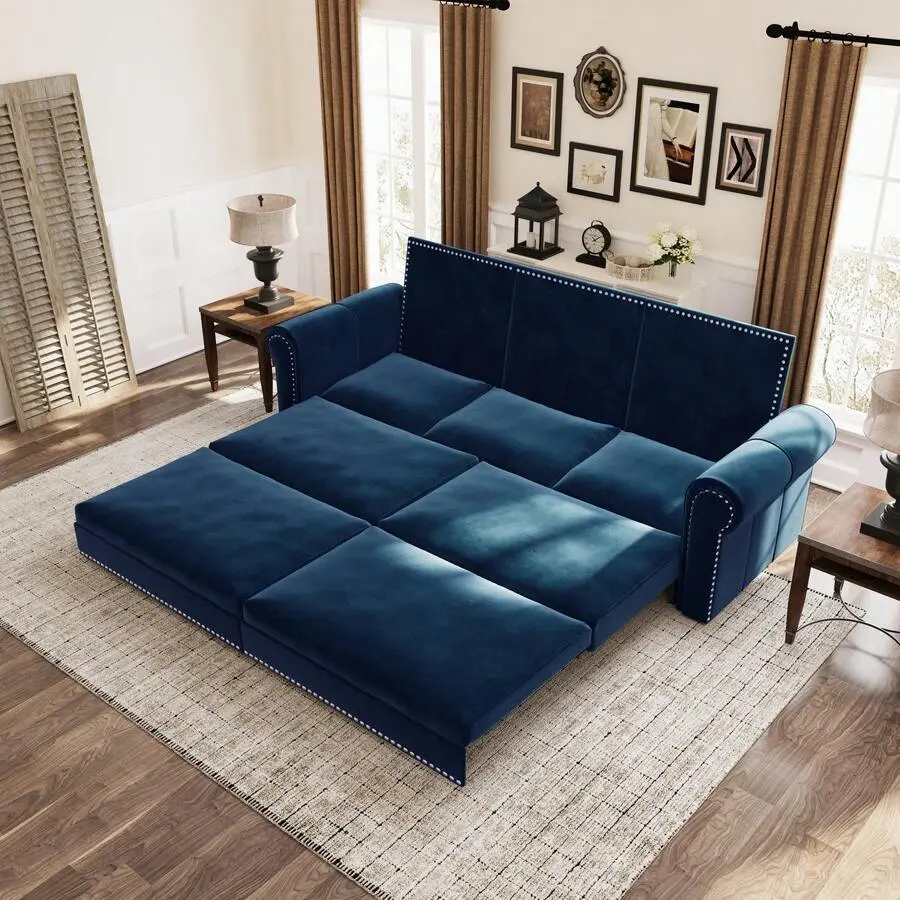 Chesterfield Sofa, 93.7" Pull Out Sofa Bed, 3-In-1 Velvet Convertible Sleeper Sofa With Nailhead Trim & Rolled Arm, Multi-Functional Sofa Bed Living Room, Office