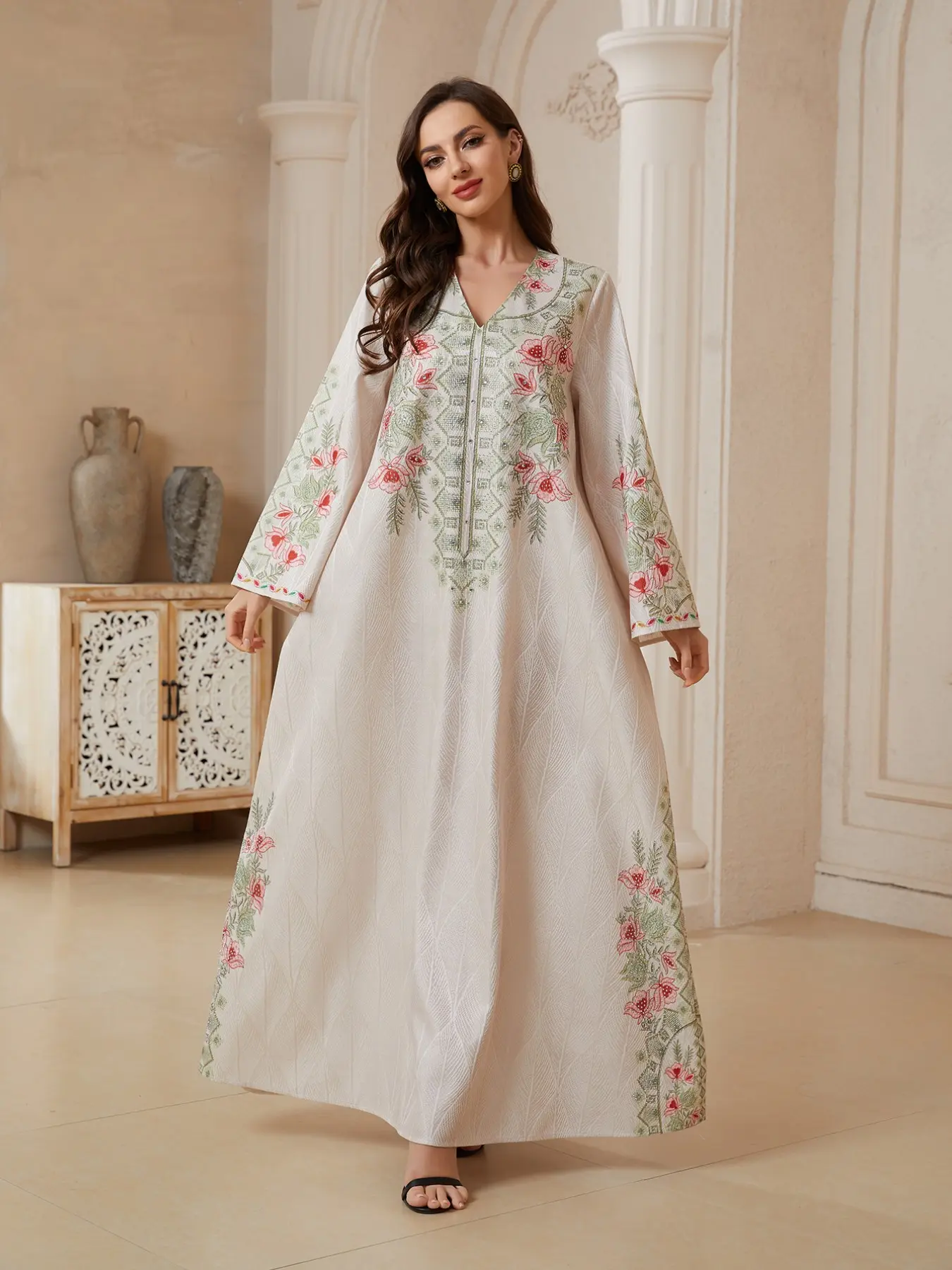 Women's Embroidered Fabric New Design Printed Rhinestone Dress, Kaftan Long Robe, Festival Evening Gown, Abayas Full Rhinestone