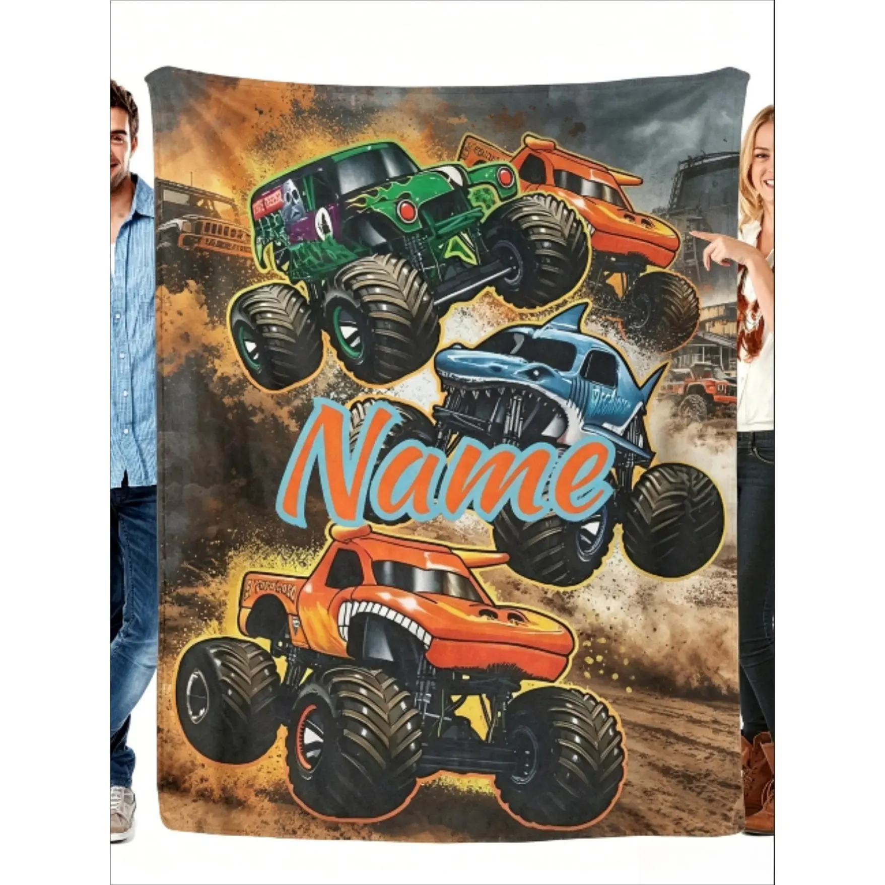 Personalized Monster Truck Racing Blanket, Custom Name & Number Monster Truck Flannel Blanket, Kids & Adults Plush Fleece Throw Blanket, Air Conditioning Blanket for Bed Sofa Couch, All Season Cozy Gift for Birthday Christmas Back to School