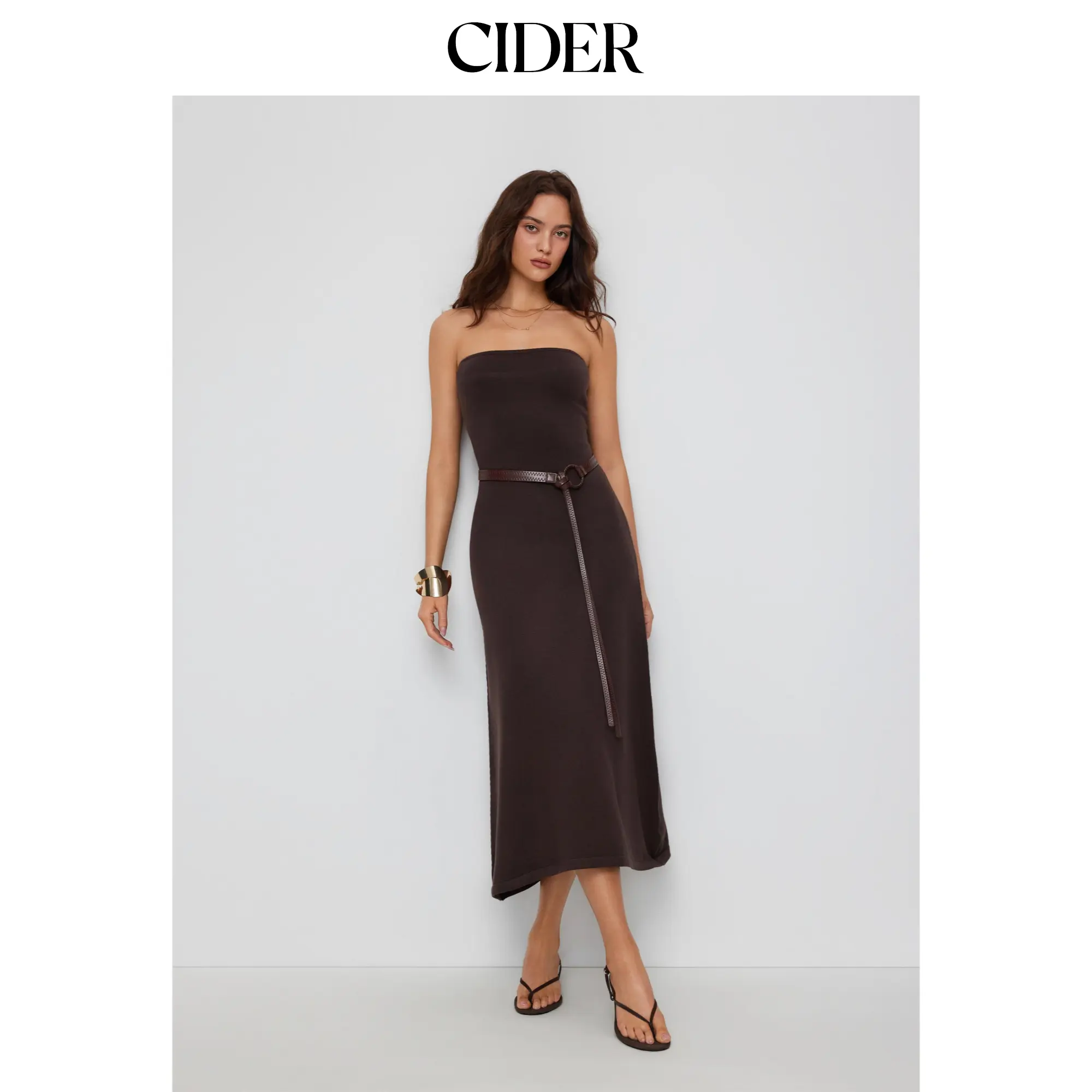 Cider Knit Bandeau A-line Maxi Flared Dress With Belt SohoChic