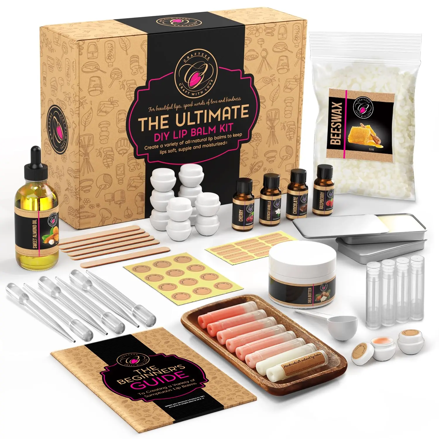 CraftZee Lip Balm Making Kit - DIY Lip Gloss & Lip Balm Kit with Beeswax, Shea Butter, Almond Oil, Flavors, Tubes, Jars - Natural Lip Balm Kit for Adults, Kids, Gifts, Parties, Beginners (Makes 40-60)