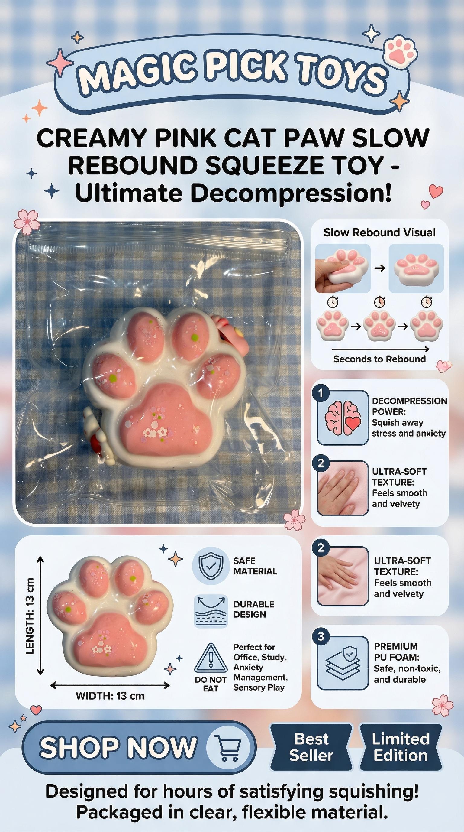 Final Sale | Creamy Pink Cat Paw Squishy - Food-Grade Silicone Slow-Rising Rebound Squishy Fidget Toys for Stress Relief - Soft Squeeze Toys with Thick Creamy Slime Texture, Handmade Non-Toxic Sensory Toys