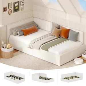 Creamy White Upholstered Twin Daybed, Sturdy Wooden Slats, Corner Headboard and Safety Guardrails, Space Saving Furniture for Bedroom and Living Room, Simple to Assemble