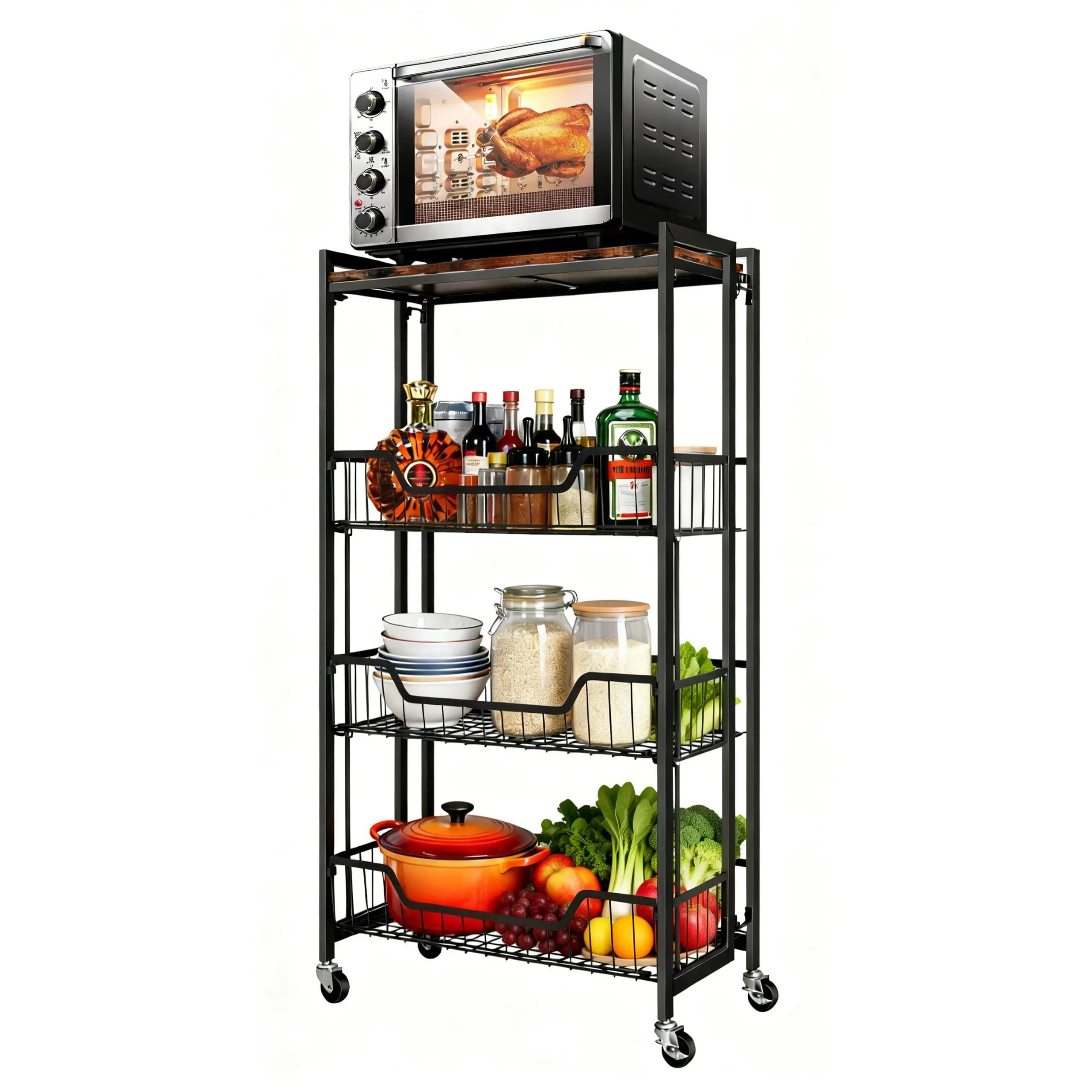 4-Tier Collapsible Storage Shelf, Heavy Duty Folding Utility Rack with Locking Wheels, 100 lbs Capacity Metal Frame & Wood Shelves, No Assembly Required for Kitchen, Garage, Workshop