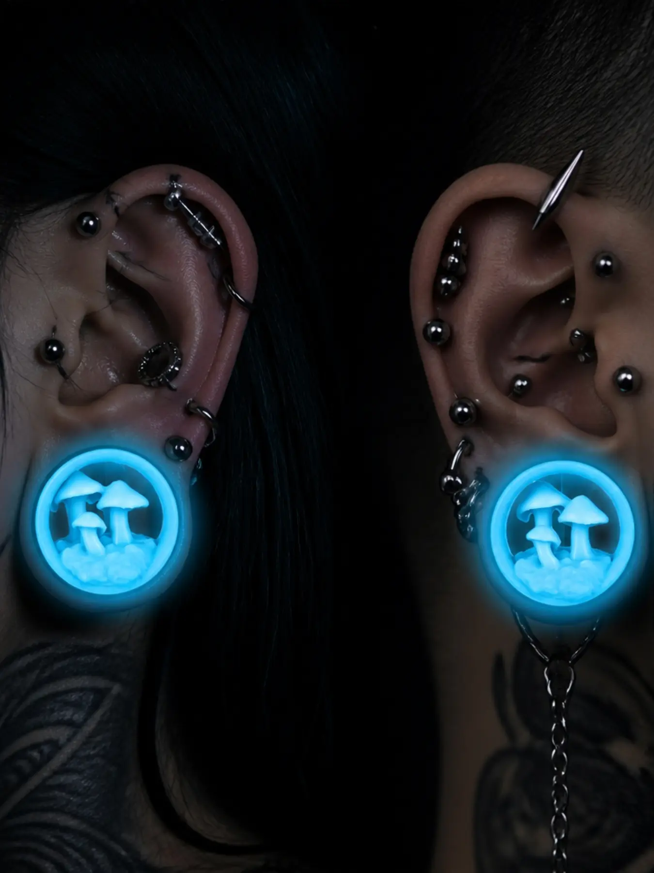 vanku 2pc Glow in the Dark 3D Mushroom Ear Tunnels, 316L Stainless Steel Hypoallergenic, Psychedelic Hollow Piercing Jewelry, Punk Style