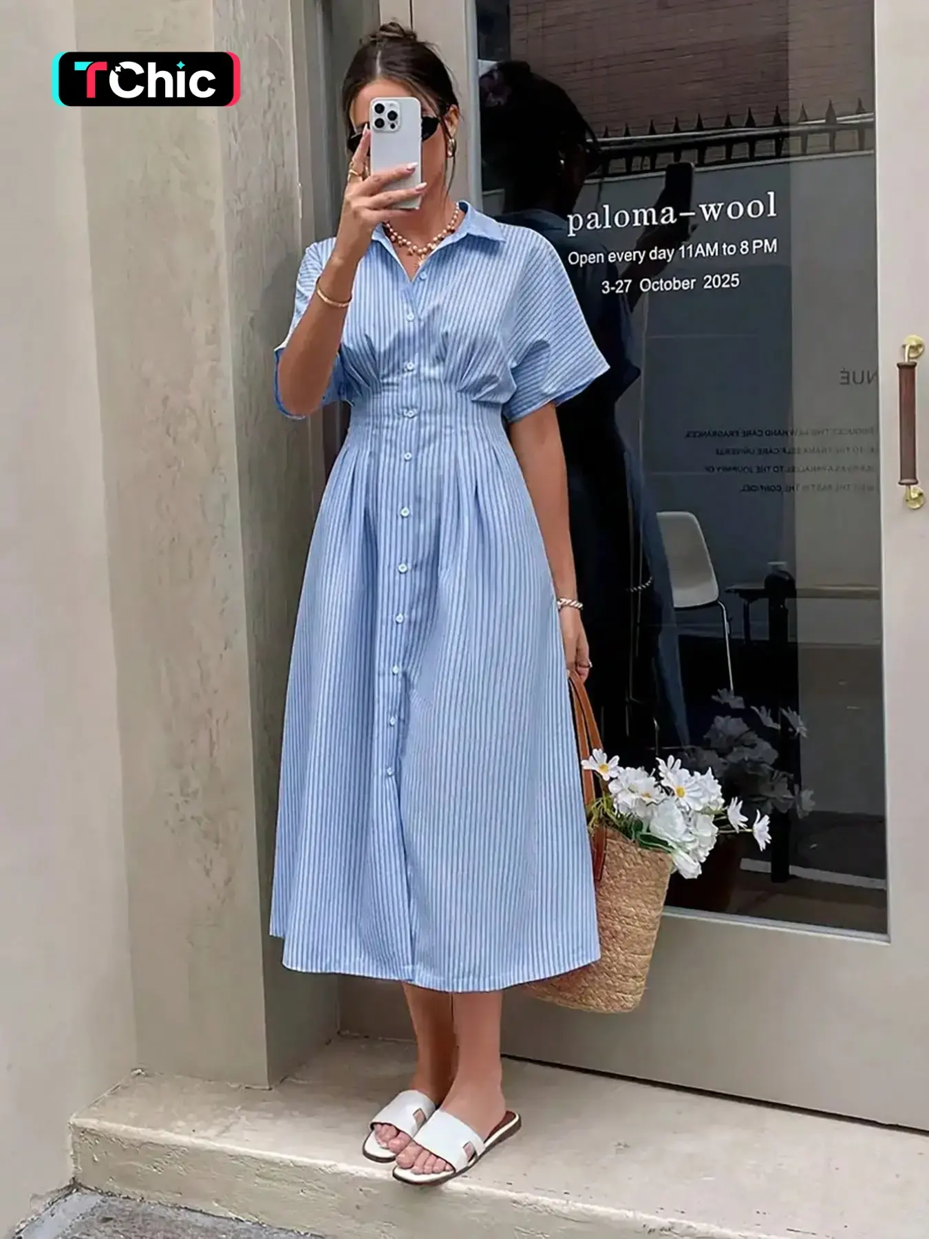 Blue Striped Shirt Dress Women Collared Button Front Short Sleeve Cinched Waist A Line Midi Dress Elegant Casual Boho Striped Dress Summer Outfit Modest Flowy Vacation Dress Chic Office Everyday Sundress Fashion