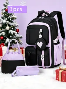 3pcs Contrast Trim 3 In 1 Backpack Kit, Multifunctional Travel Backpack, With Meal Bag Stationery Pouch Mini Coin Bag Multi Layer Zipper Compartments Padded Adjustable Straps Large Capacity Backpack for Campus Study Daily Commute Weekend Outdoor Trip
