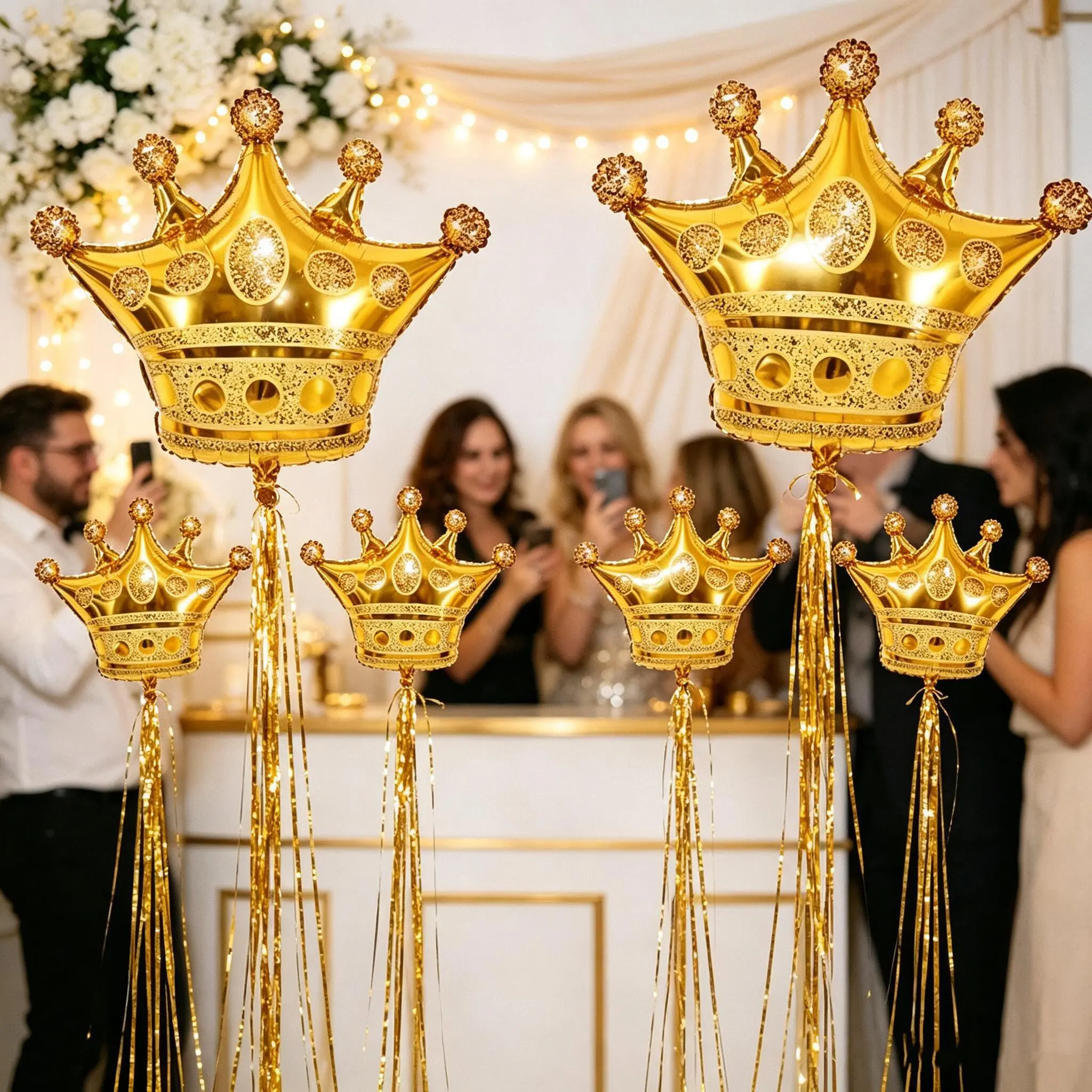 6Pcs Multi Size Gold Crown Foil Balloons with Gold Rain Curtain Set, Party Supplies for Camping Theme, Graduation, Bridal, Wedding & Birthday Photo Backdrop Decor