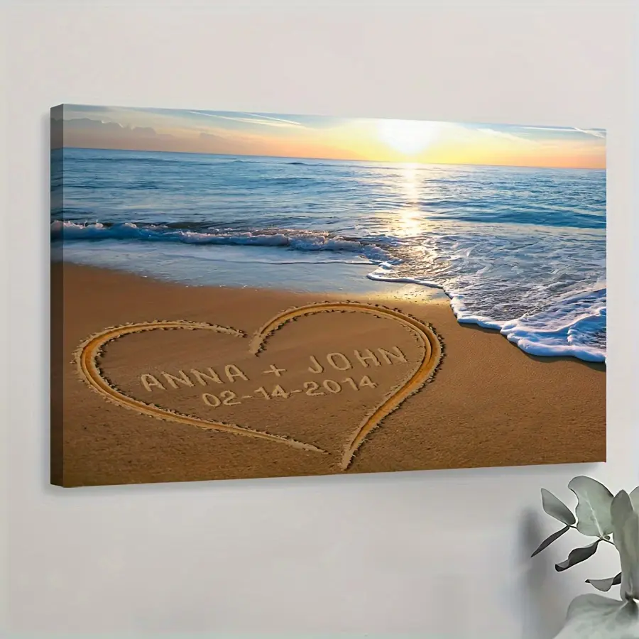 Personalized Beach Love Art Canvas - Custom Name and Date Romantic Sunset Seascape with Heart-Shaped Sand Castle and Couple's Name/Date - Modern Wooden Frame Wall Decor, Suitable for Living Room, Bedroom - Anniversary, Wedding, Valentine's Day Gift - Seas