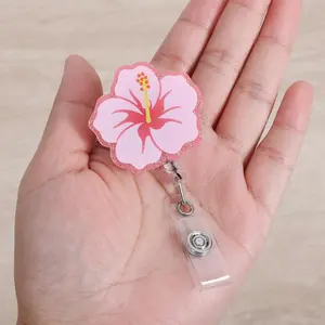 Cute Hibiscus Flower Medical Badge Reel, Retractable ID Card Pink Badge Holders, Work Badge Clip for Pediatric ED ER RN CNA LPN MA PT OT Therapists HR Social Workers Nurses Doctor Teachers Nursing Student