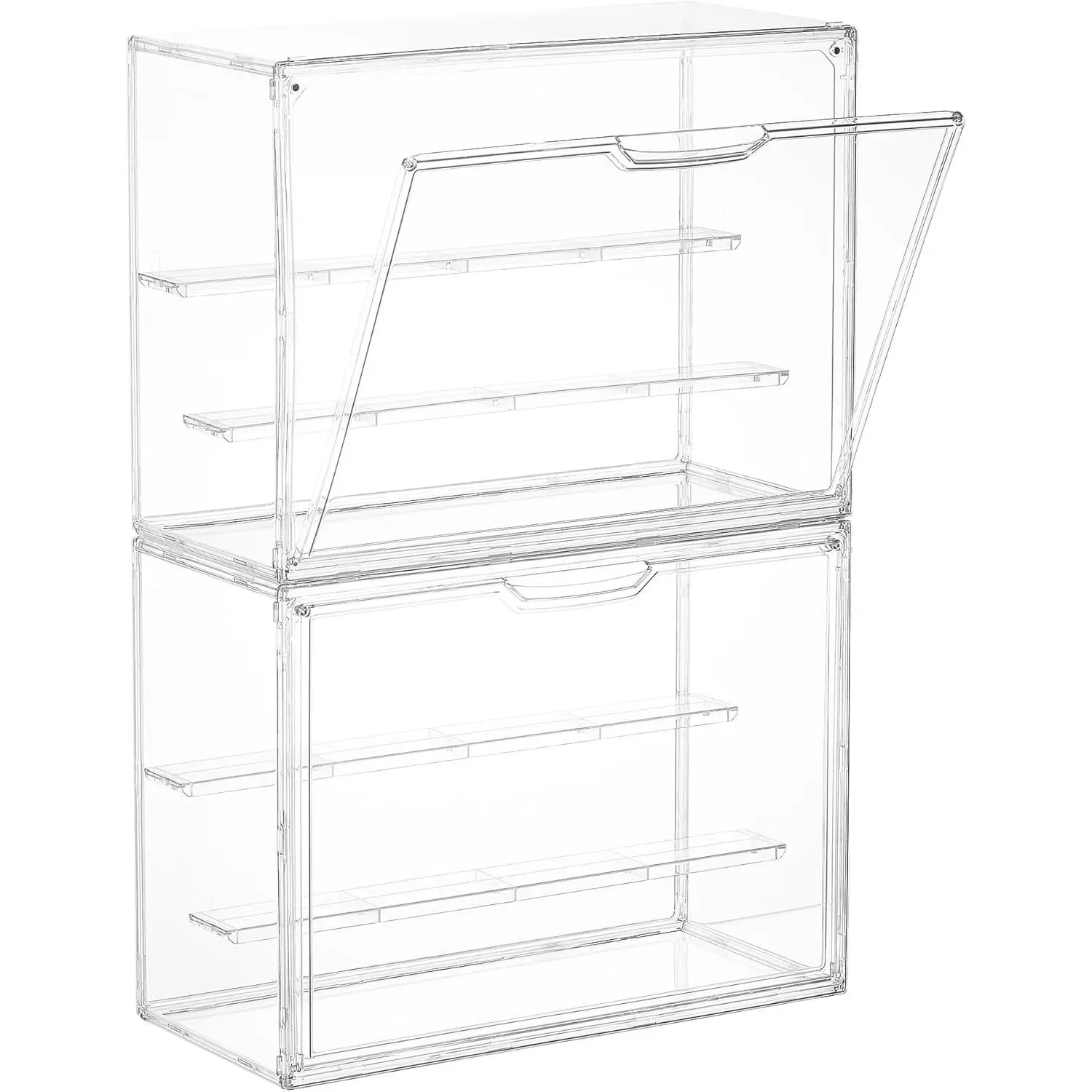 2 Pack Acrylic Display Case, Stackable Figure Display Case with Magnetic Door & Adjustable Shelves, Clear Collectibles Showcase for Action Figures, Miniatures, Models