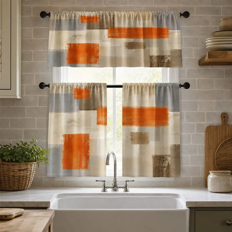 Made in USA 3Pcs Abstract Polyester Kitchen Curtains, Beige Orange Modern Art Design, Vintage Stylish Window Decor for Small Kitchen Decoration