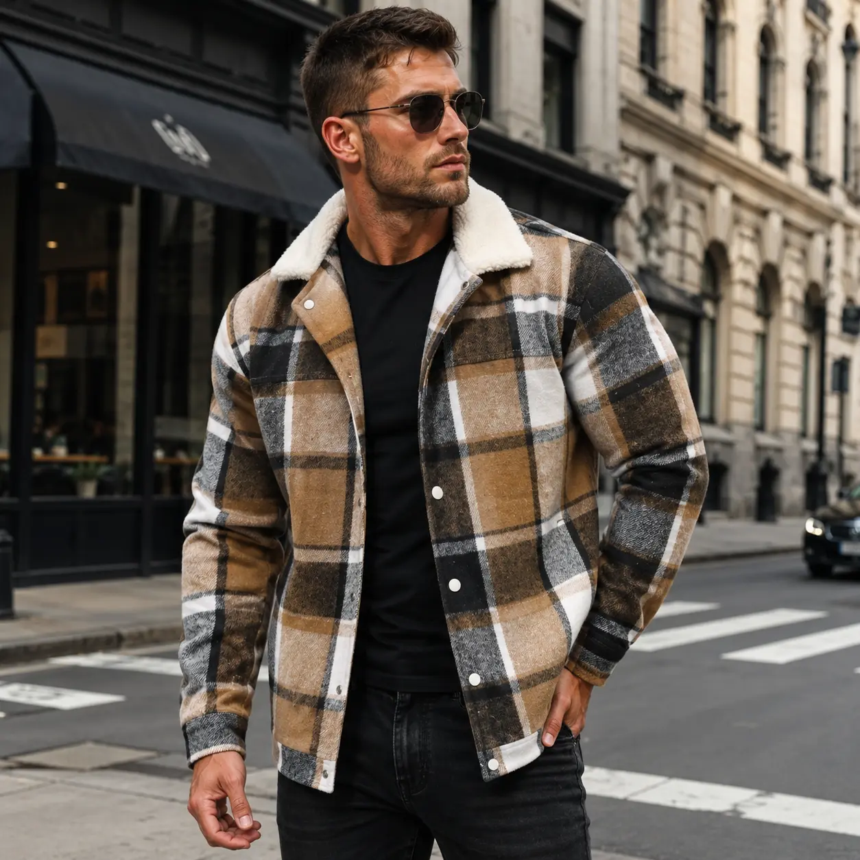 Men's Sherpa Collar Plaid Shirt Jacket Fleece Lined Flannel Snap Closure Long Sleeve Shacket Tartan Check Coat Outerwear Vintage Streetwear Casual Khaki Brown Male Fashion Clothing Apparel Tops cozy soft cool clean chic active sporty casual comfy