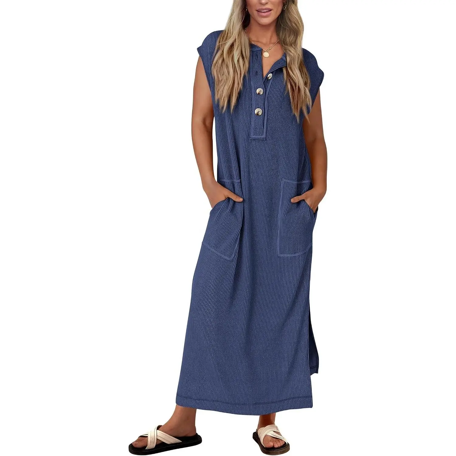 Women's 2026 Ribbed Knit Henley Short Sleeve Maxi Dress - Stretchy, Button-Up, Loose, Casual Sundress for Beach-Birthday Maternity Wear - Ideal for Army Styles