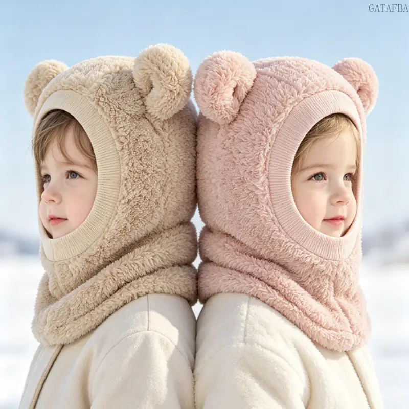 Winter Integrated Windproof Neck‑Warm Hood Hat with 3D Bear Ears, Stretchy Ribbed Face Frame, Full‑Coverage Neck Guard Hat