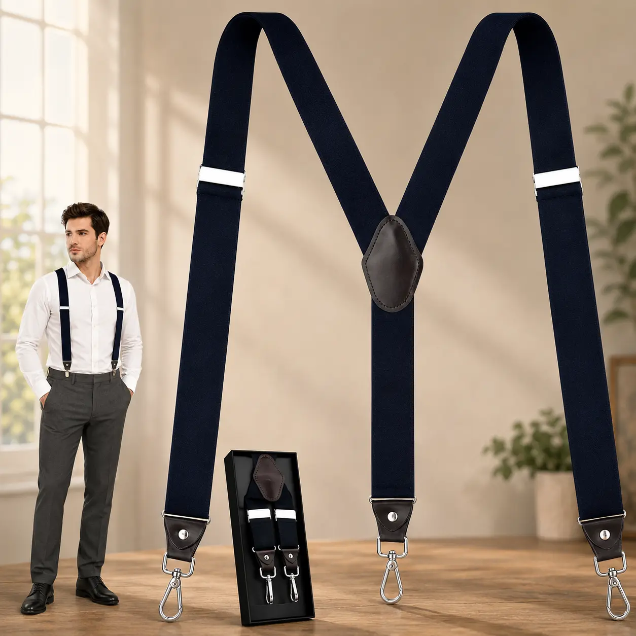 Adjustable Y-Back Suspenders for Men Women Elastic Work Suspenders with Strong Clips