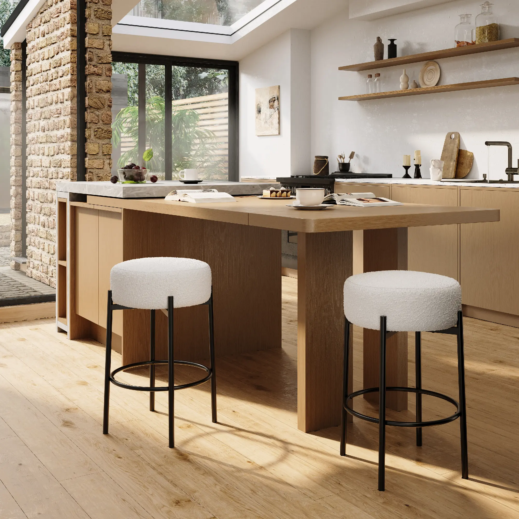 Set of 2 Backless Bar Stools - 24" Round Sherpa Upholstered Seat - Sturdy Metal Frame with Footrest - Modern Counter Height Chairs for Kitchen Island, Dining Room, Home Bar - Dark Gray or White