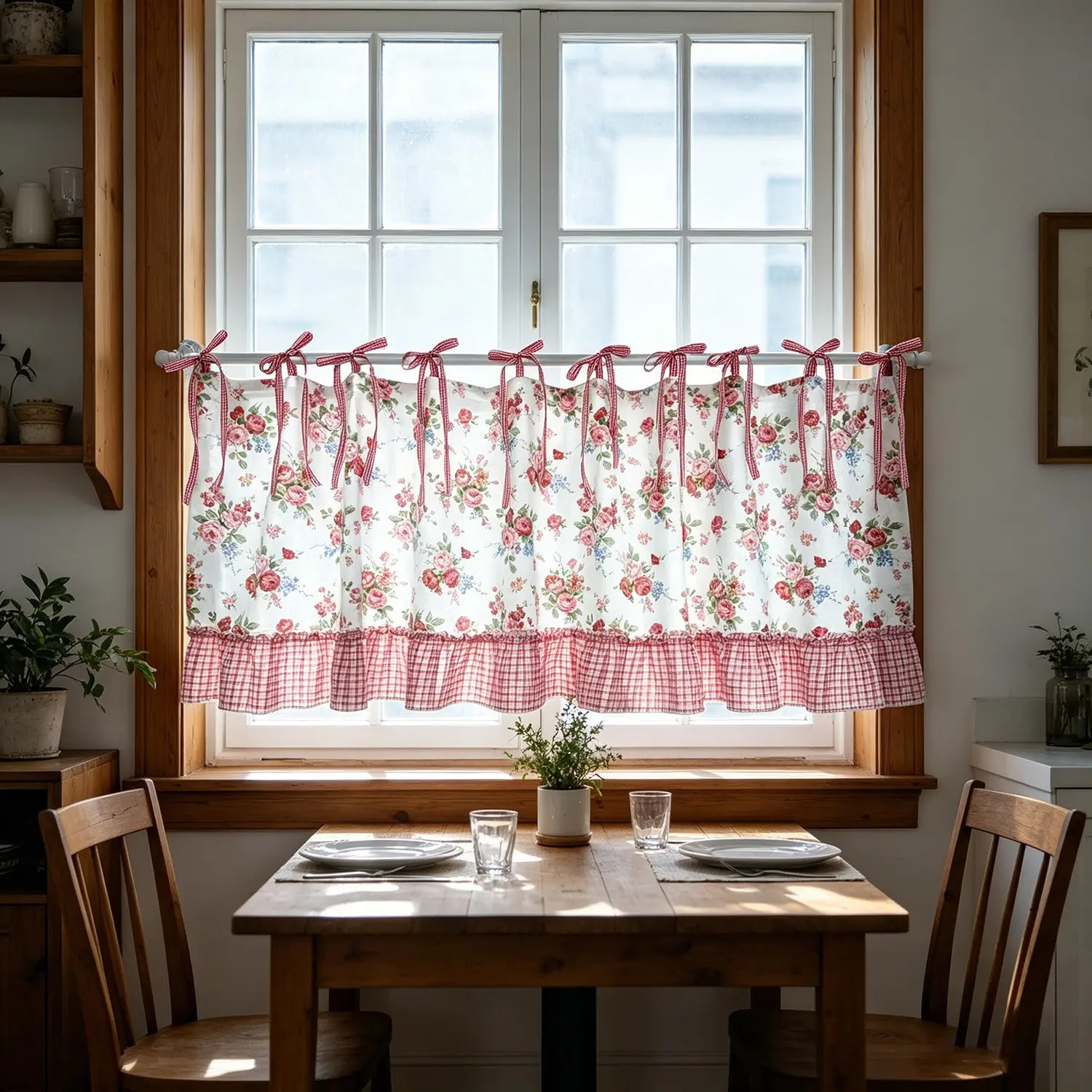 1 Panel Oven Curtains for Stove, with Tie-Up Kitchen Curtains, French Ruffle Roman Curtain for Window, Vintage Farmhouse Home Decor, Extra Narrow Curtain, Home Decorative Curtain