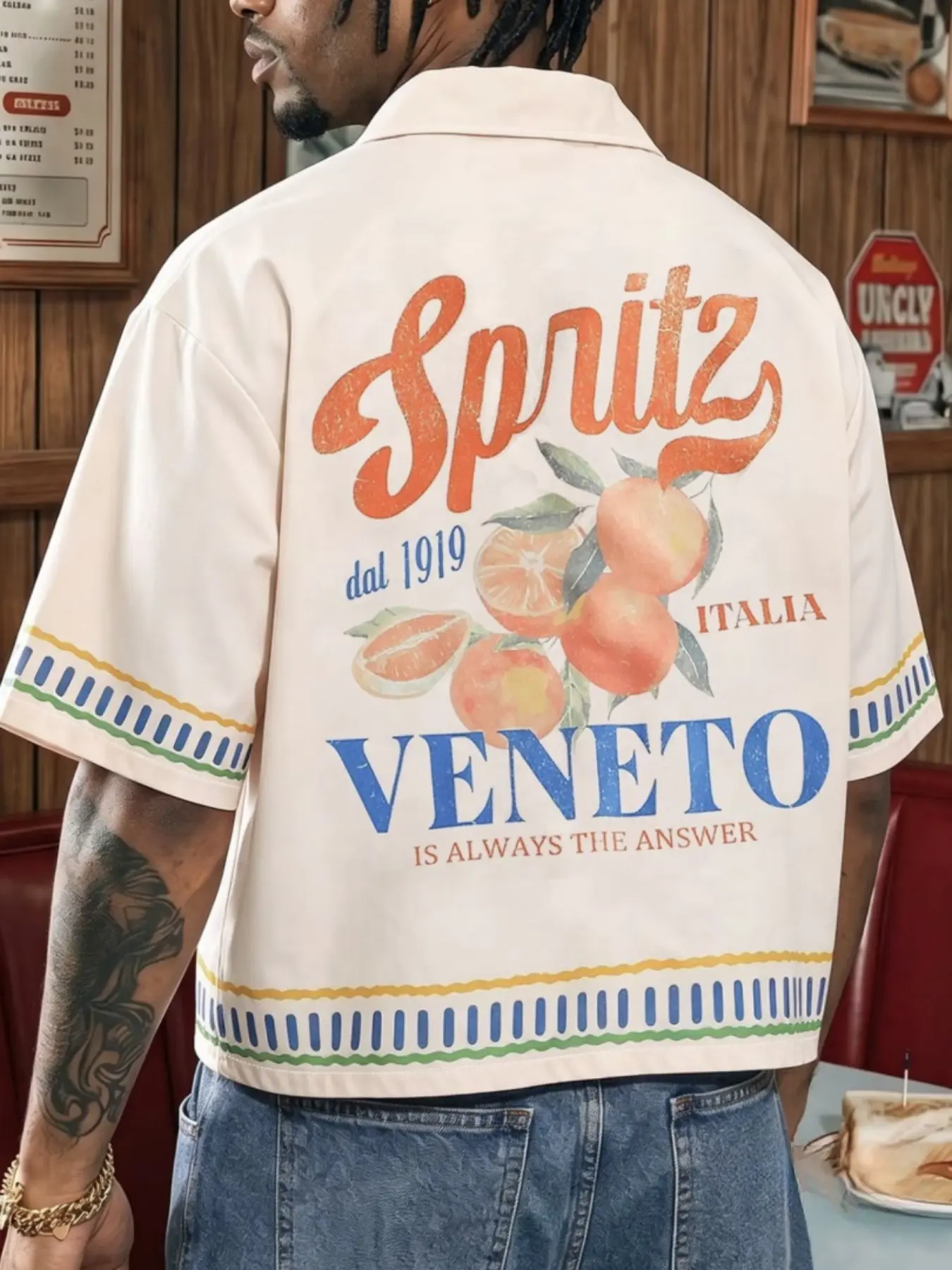 Men's Vintage Italian Resort Shirt, Spritz Print, Collared Short Sleeve, Perfect for Beach, Casual Gatherings, Daily Wear
