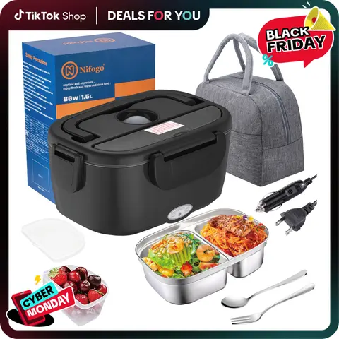 80W Power Fast Heating Electric Lunch Box - 1.5L Stainless Steel Insulated Bento Box, Durable Material Leak-Proof Food Heater for Adults, Fork+Spoon Included, Carry Bag, Car & Home Use, Travel Kitchenware