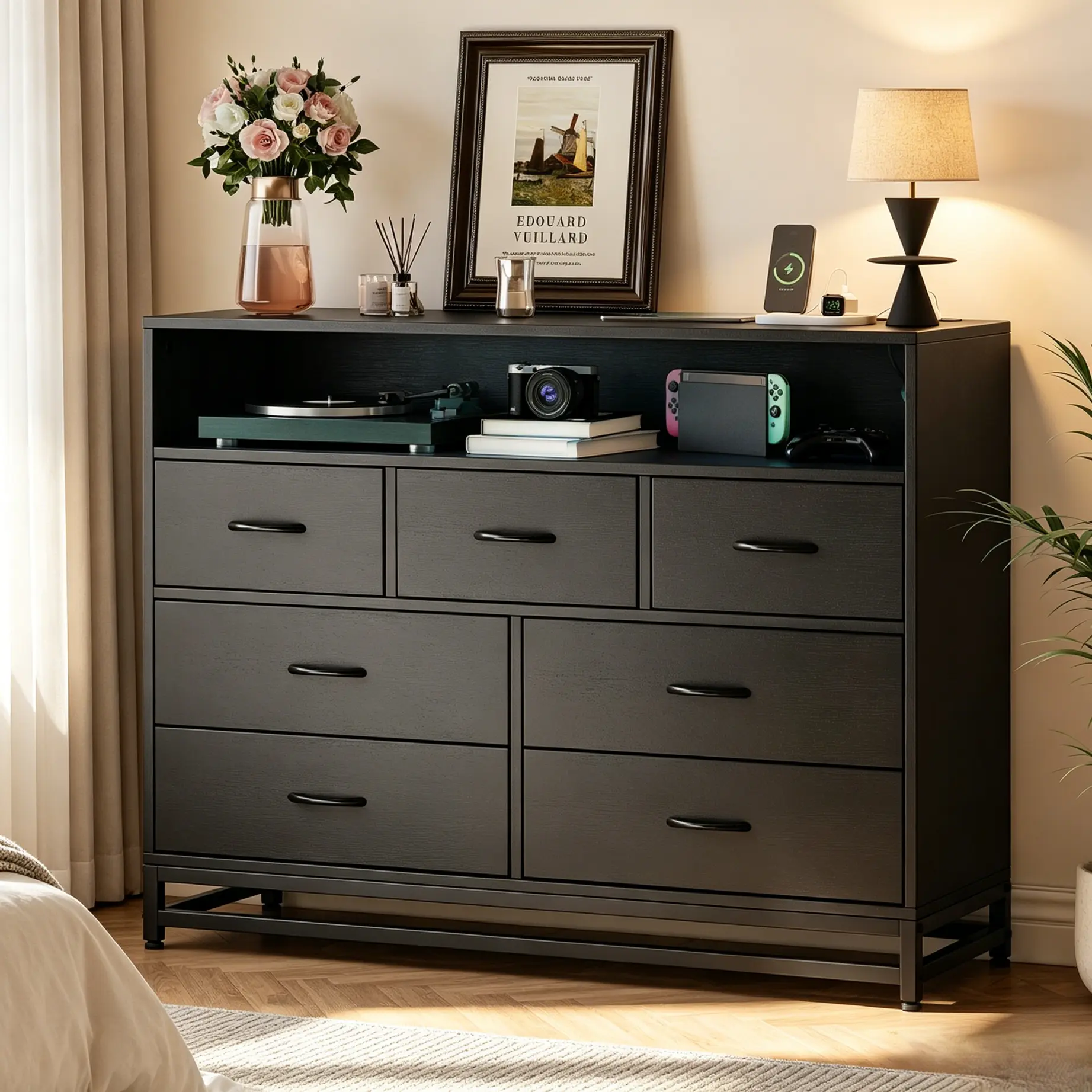 Modern Black 7 Drawer Dresser with RGB LED Lights and Charging Station, Smart Chest of Drawers with Open Shelf Storage Cabinet, TV Stand with Power Outlets for Bedroom Living Room Gaming Gear