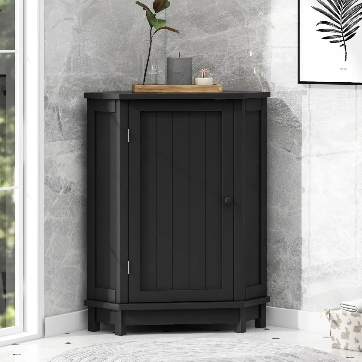 Black Bathroom Cabinet Triangle Corner Storage Cabinet with Adjustable Shelf Modern Style MDF Board(Old SKU:N725P172615B)   WL