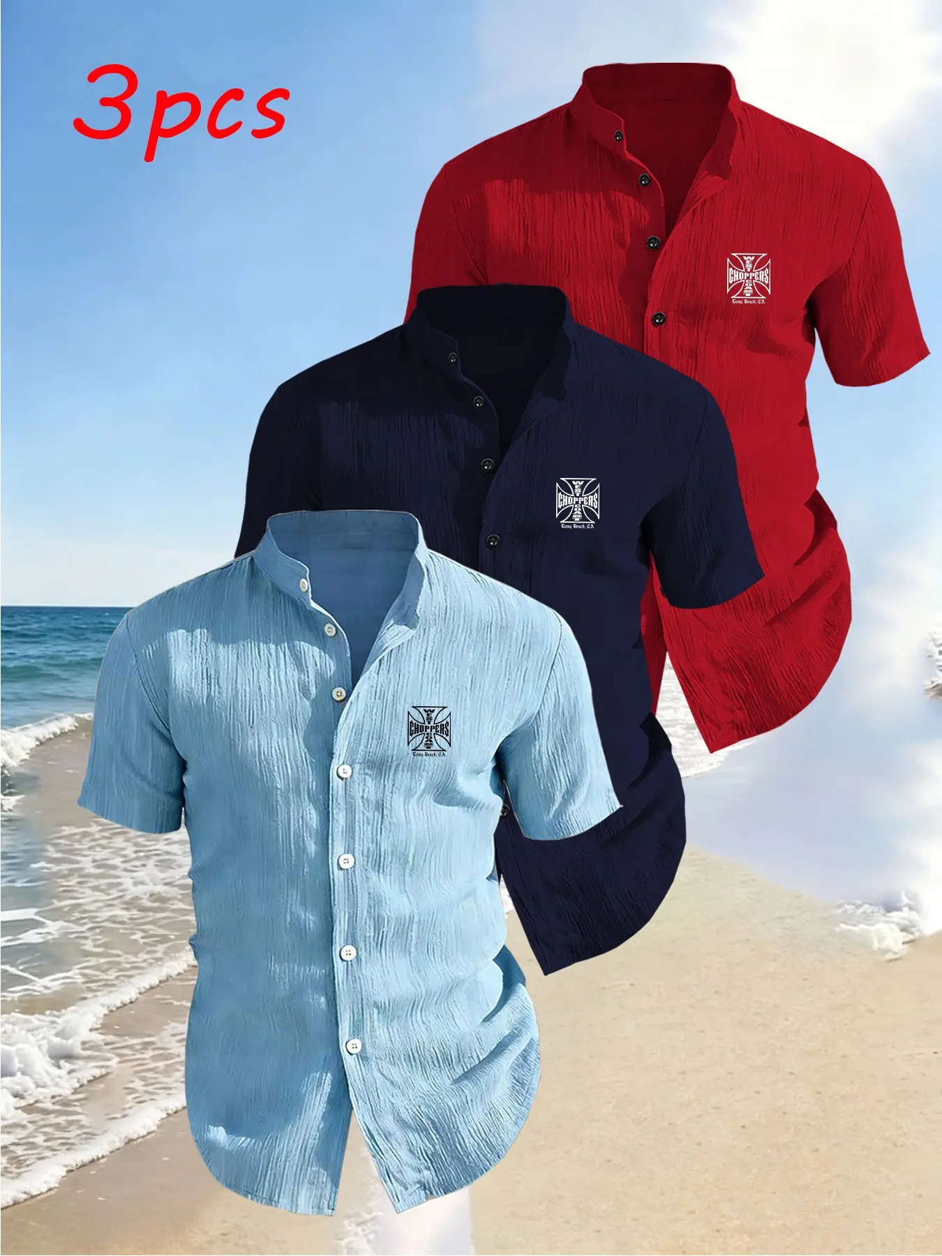 3-Pack Men's Summer Short Sleeve Shirts, Chest Print Design, Lightweight Breathable Solid Stand Collar Button Shirt, Ideal for Tropical Beach Poolwear