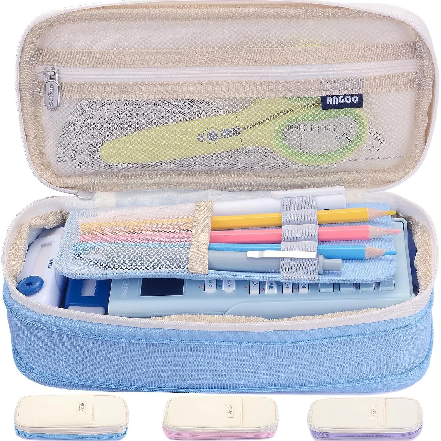 Large Capacity Canvas Pencil Case Organizer Holder Pouch Bag with Zipper Compartments, Pen Cases for Women Girls School Adults (Beige/Blue)