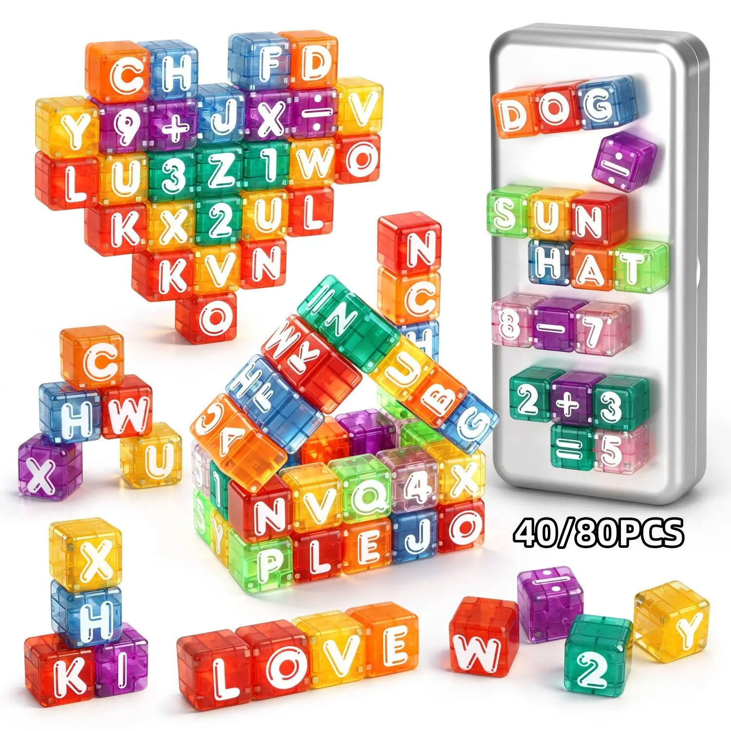 40pcs/80pcs Magnetic Letter Blocks for Kids, Stem Learning Toy for Ages 3+, Portable Math Set, Montessori Gift for Boys and Girls