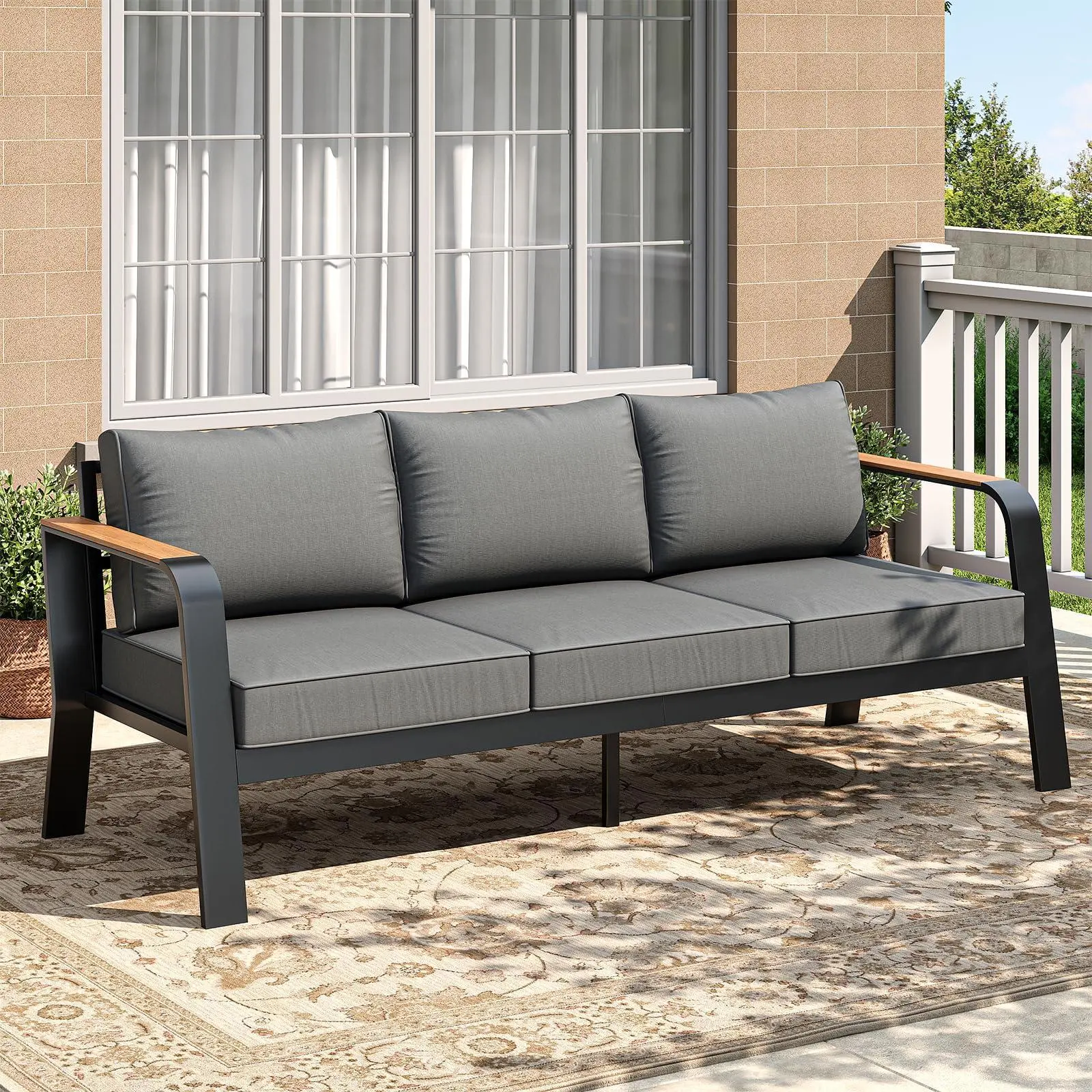 Outdoor Aluminum Patio Furniture 1 Pcs 3-Seat Outdoor Furniture | All-Weather Metal Modern Outside Sofa with Washable Thick Cushion for Garden, Balcony, Deck, Backyard, Dark Grey