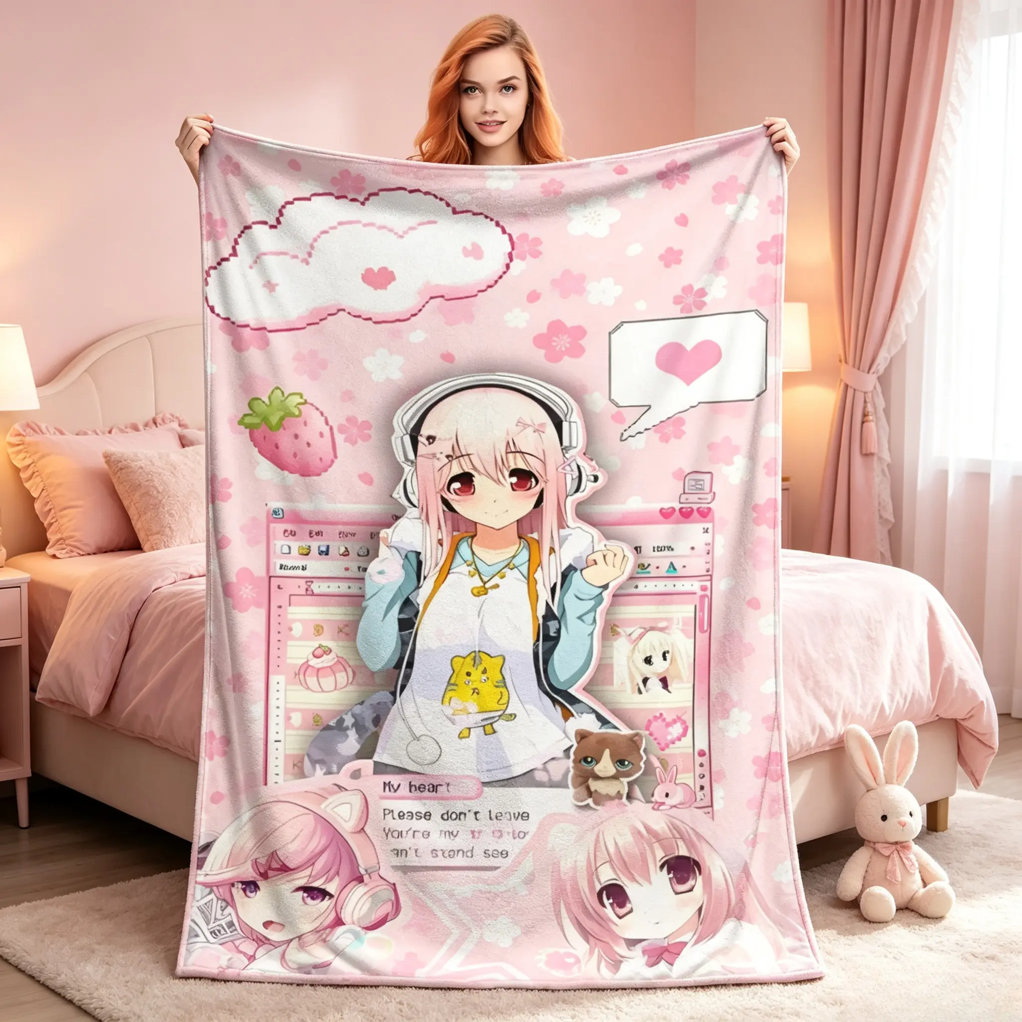 Cute Japanese Super Sonico Printed Pink Kawaii Flannel Throw Blanket - Cutecore Quality Super Soft Warm Winter Bedspread, Home/Outdoor Use, Girl Room Decor & Room Decor Gift for Birthdays Christmas Galentine’s