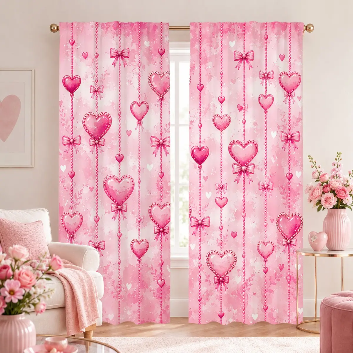 2pcs Sweet pink hanging heart-shaped bow semi-blackout curtains. A girly style fabric curtain made of polyester, suitable for bedrooms, kitchens, studies, etc.