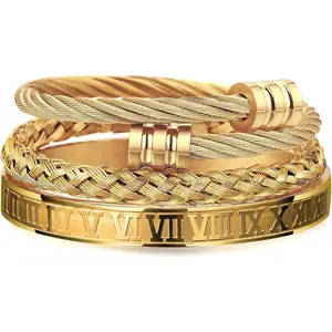 3PCS Stainless Steel Bracelets for Men Gold Roman Numeral Bangle Bracelet Twisted Cable Bracelet Adjustable Cuff Bracelet Mens Luxury Jewelry Bracelets Gifts