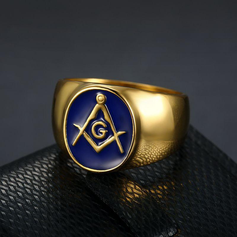 [FLAME] Hip Hop Masonic AG Ring Gold Plated Stainless Steel Blue Enamel Inlay Freemason Symbol Iced Out Statement Jewelry Trendy Streetwear Accessories for Men