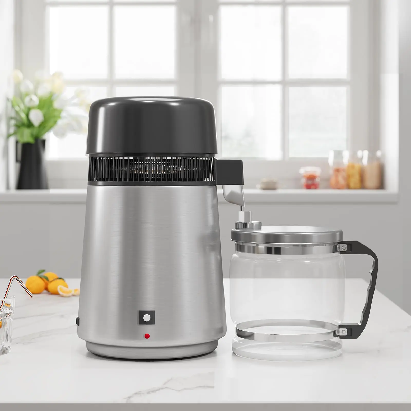 Home Countertop Water Distiller, 1.1Gal/4L Stainless Steel Desktop Purifier with Glass Container, 750W Machine for Drinking Coffee, Humidifiers, Office, CPAP Machines, Activated Carbon Filter