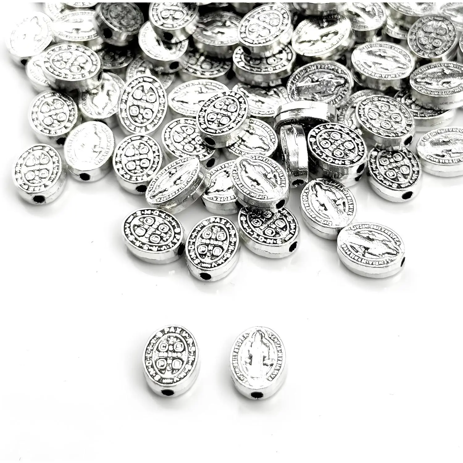 100 count 8mm . Benedict  Beads – Oval Double-Sided Zinc Catholic Rosary Beads for  Making, Bracelet & Necklace DIY Accessories – Religious Catholic Craft Supplies