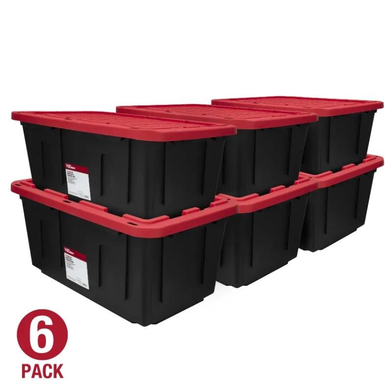 (6 pack) Hyper Tough Large Storage Bin, 27 Gallon Plastic Storage Container with Snap-On Lid, Black and Red (6 pack) Hyper Tough Large Storage Bin, 27 Gallon Plastic Storage Container with Snap-On Lid, Black and Red