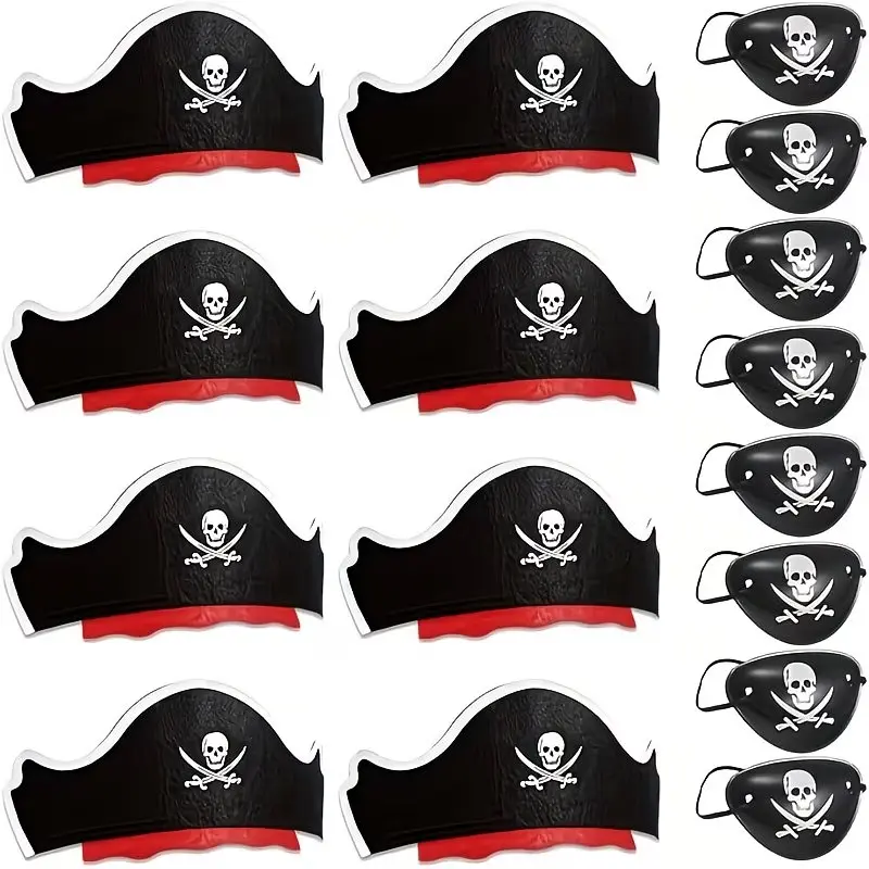 16pcs Pirate Costume Set, Classic Skull Print Hat, Eye Mask, Captain Hat & Eye Patch, Halloween Fancy Dress Accessories for Cosplay